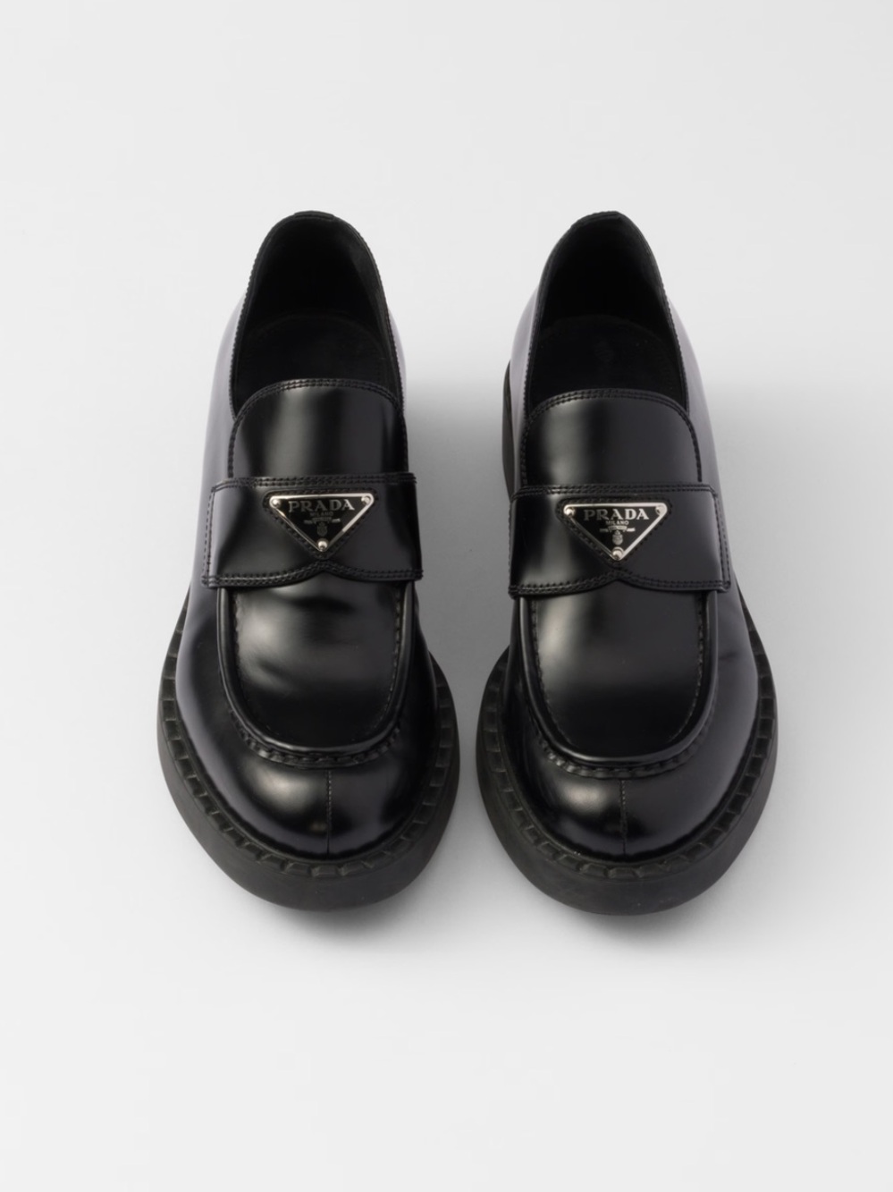 Prada Chocolate Brushed Leather Loafers Silver Black Metal Triangle Logo